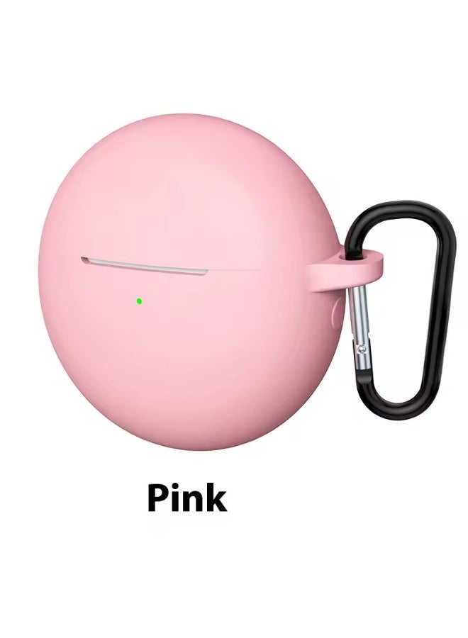 Silicone Case for Huawei FreeBuds 7i with Carabiner Hook, Shockproof Protective Cover, Solid Color (Pink)